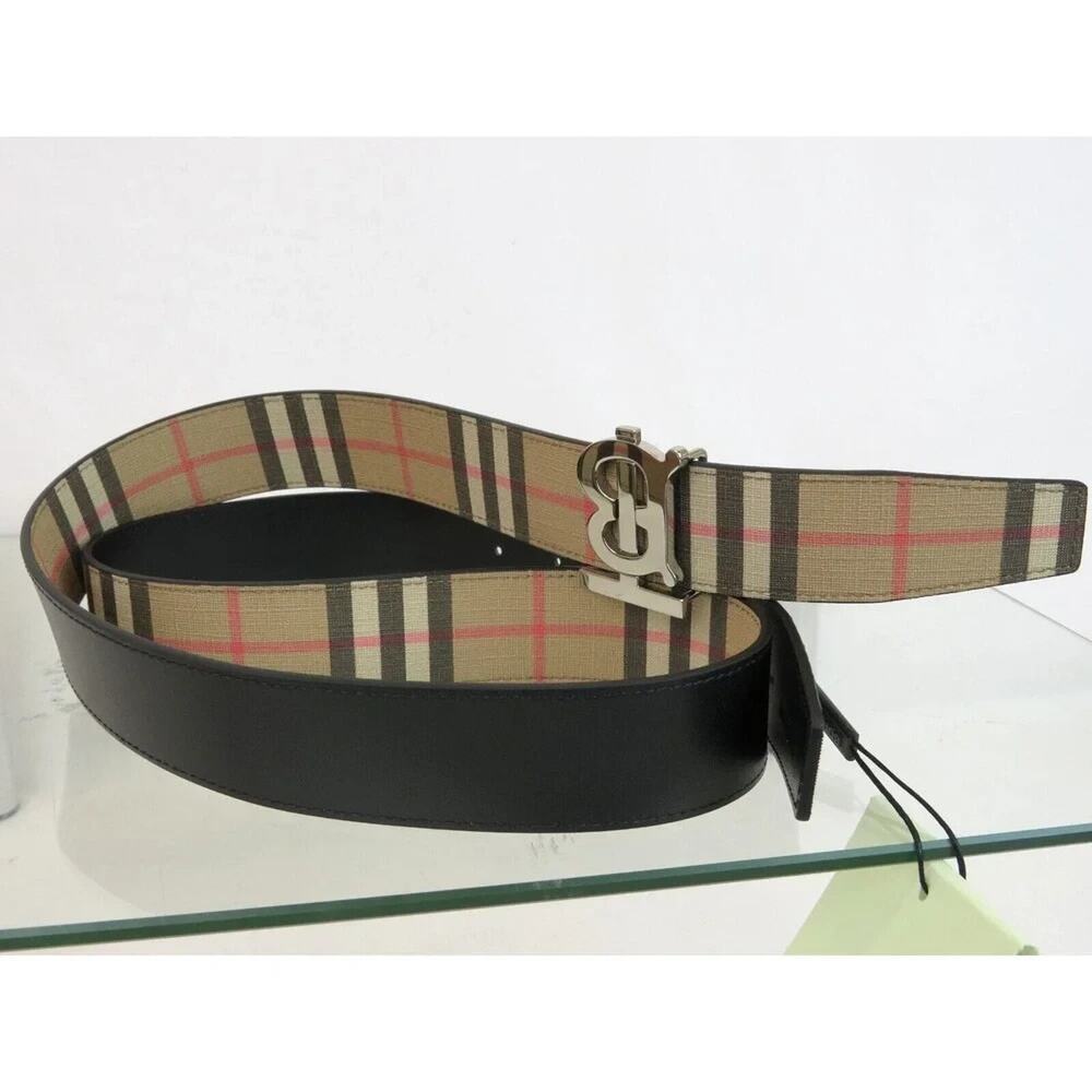 $580 BURBERRY TB 35 BEIGE CHECK BLACK LEATHER REVERSIBLE LOGO BUCKLE BELT 90 36 - Picture 4 of 8
